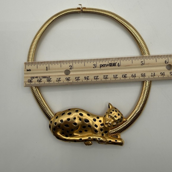 Vintage DR Gold Tone Leopard Collar Necklace Enamel Rhinestone 14 In Womens - Picture 6 of 13